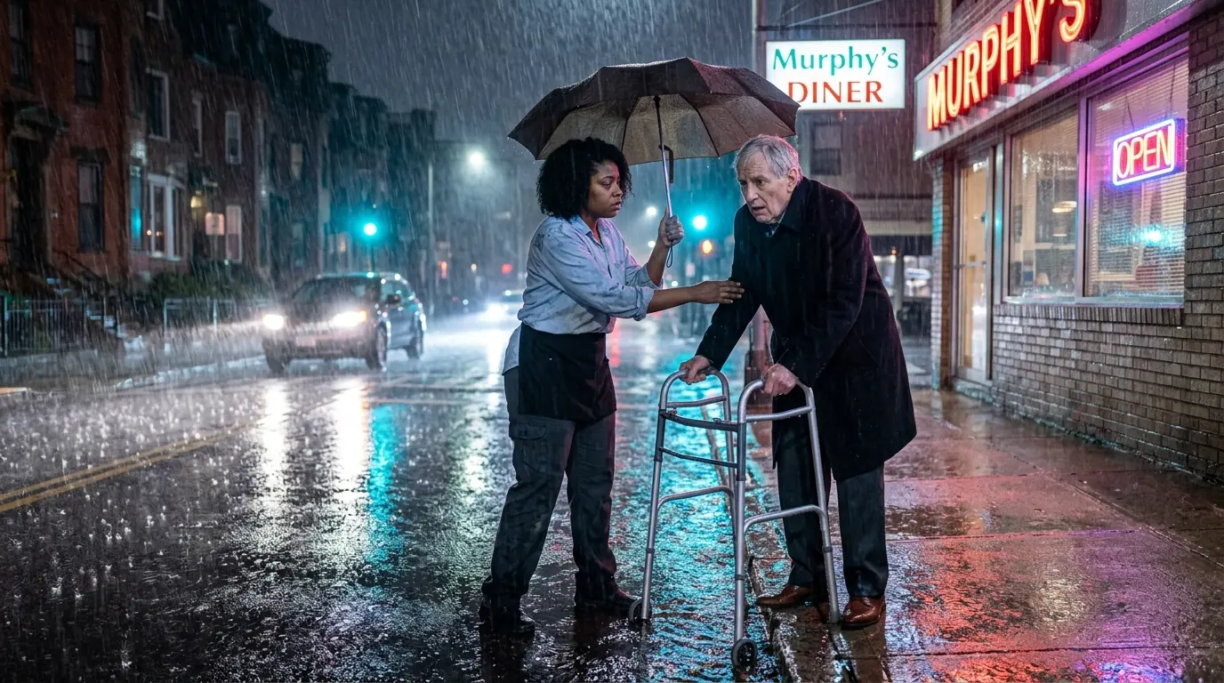 Poor Waitress Walked an Old Man Home in the Rain — He Walked Her Out of Trouble the Next Day