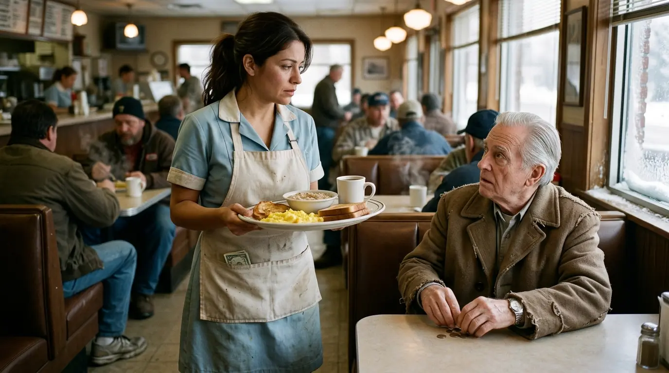 Waitress Secretly Fed an Old Man Every Day — One Morning, 10 SUVs Pulled Up to Her Diner