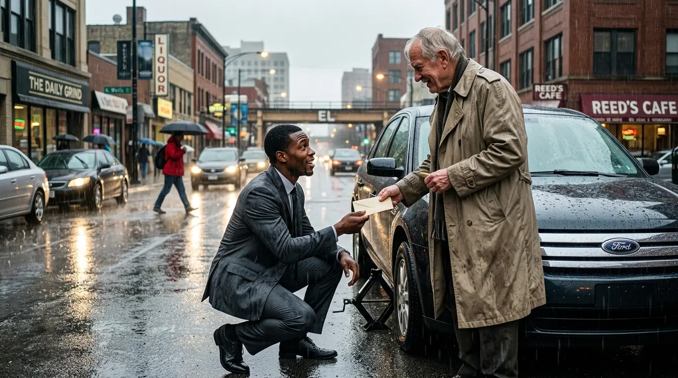 Young Man Misses His Interview to Help an Old Stranger with a Flat Tire — Then He Reveals His Identity
