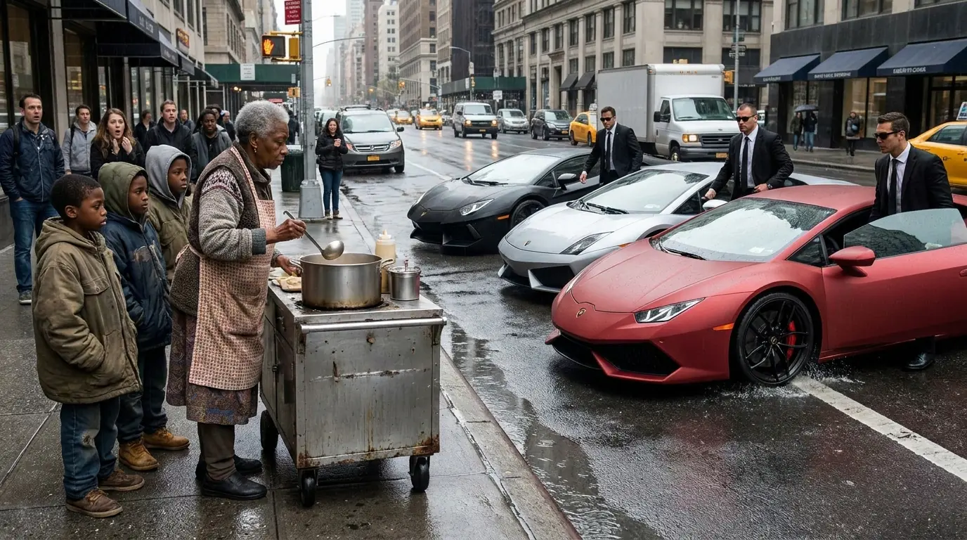 Poor Old Woman Fed Homeless Triplets — Years Later, Three Lamborghinis Stopped at Her Cart