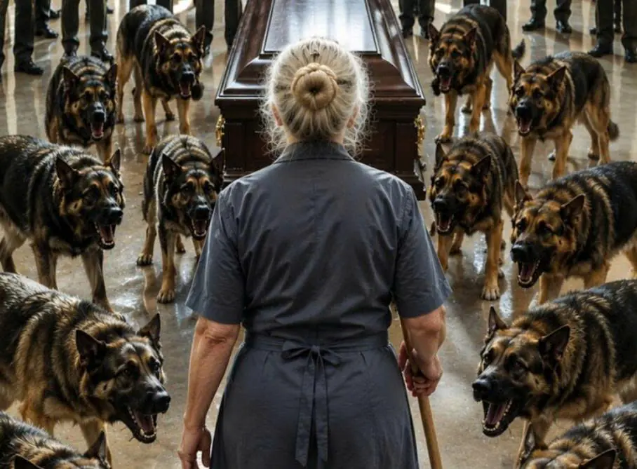 For twenty-four hours, 12 military dogs guarded a coffin and nearly tore apart the officers who tried to approach it: the soldiers were frozen with terror when an ordinary janitor carrying a mop suddenly walked toward the enraged pack, and then…