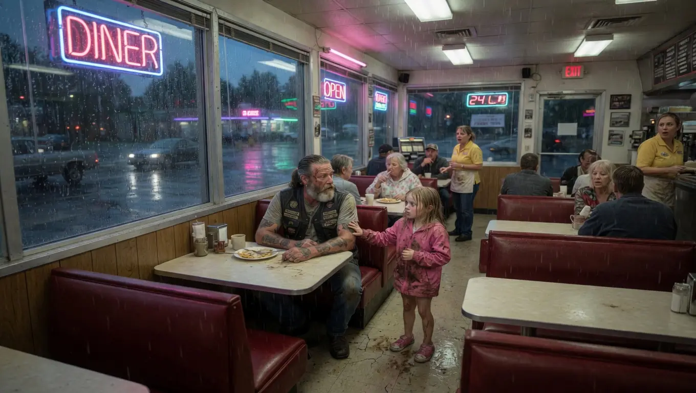 A LITTLE GIRL ASKED A HELLS ANGEL TO PRETEND HE WAS HER DAD — THEN THE MAN WHO FOLLOWED HER WALKED THROUGH THE DOOR