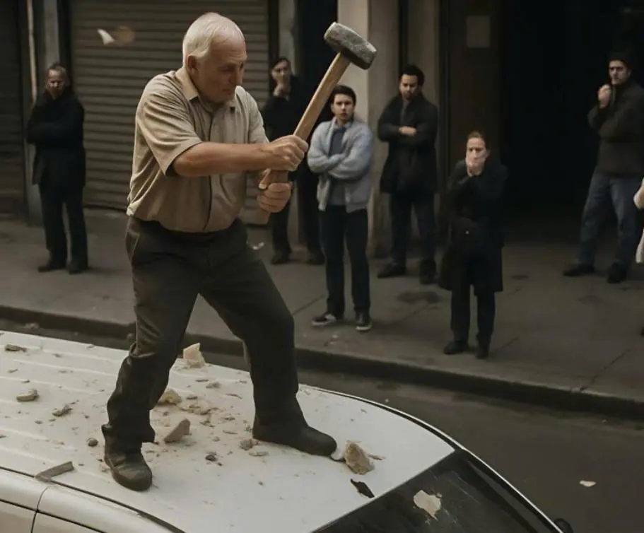 A man was standing on top of a car, smashing it with a sledgehammer: when the police arrived and learned the reason, they were simply shocked