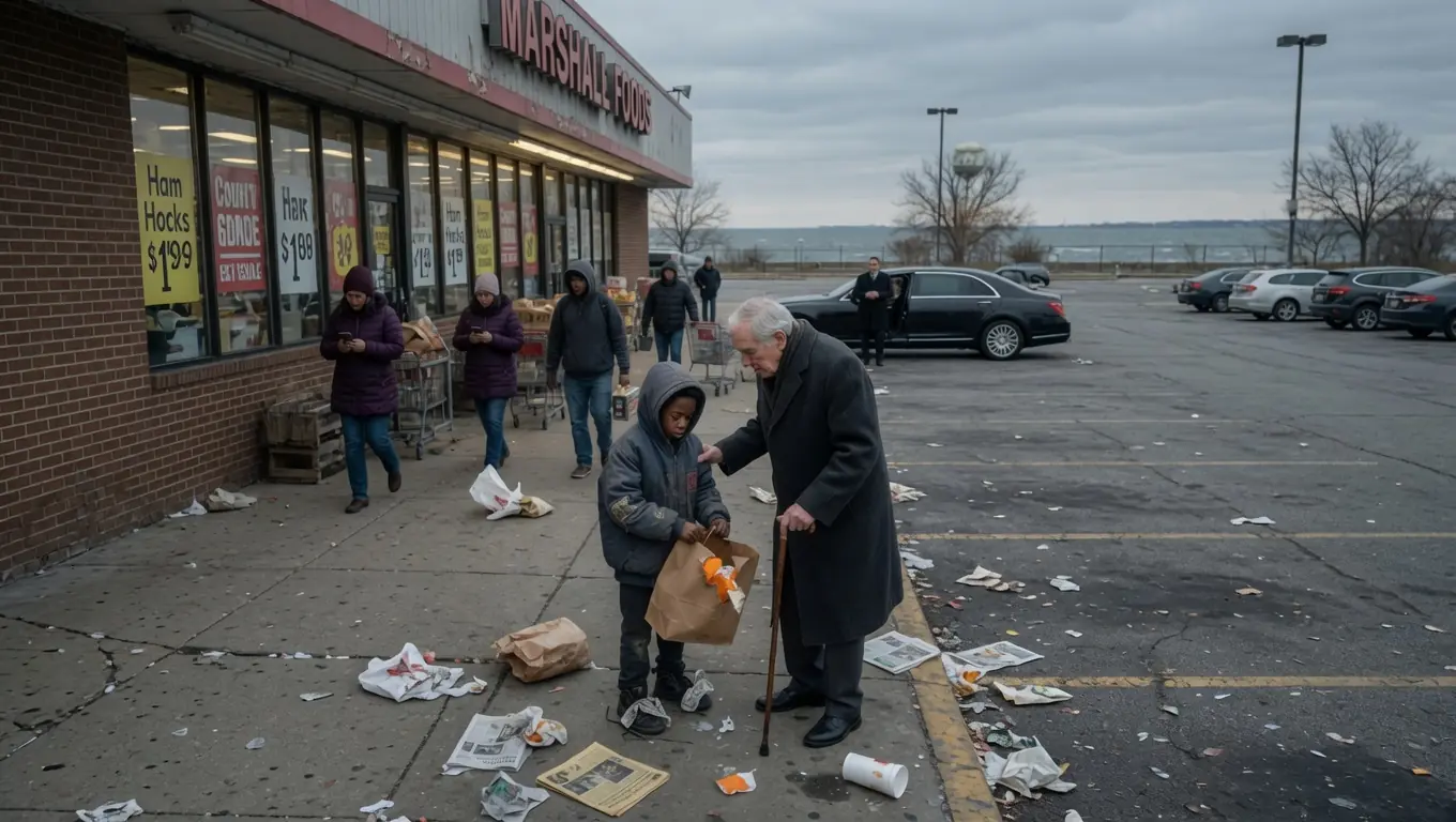 A STARVING BOY HELPED AN OLD MAN WITH HIS GROCERIES — THEN A BLACK SEDAN PULLED UP BY THE LAKE