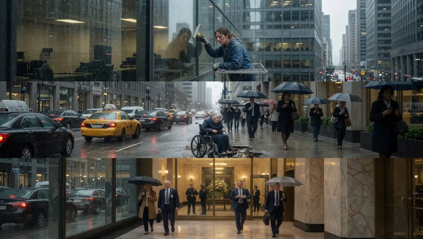 A WINDOW WASHER SAVED AN OLD WOMAN IN THE RAIN — THREE DAYS LATER, SIX EXECUTIVES FROZE WHEN SHE WALKED IN