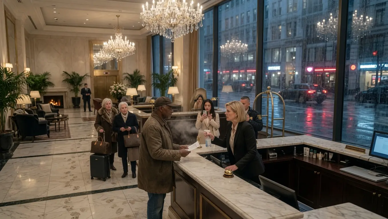 A HOTEL MANAGER SPRAYED SANITIZER AT A HOMELESS-LOOKING MAN — TEN SECONDS LATER THE GENERAL MANAGER FROZE