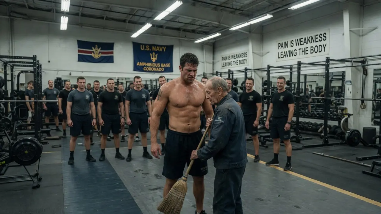 Just a Quiet Veteran Janitor at the SEAL Gym — Until the Commander Spotted the Tattoo on His Neck