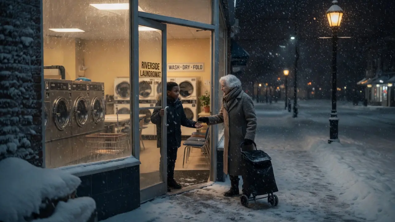 Kind Boy Sheltered An Old Woman In A Laundromat During A Snowstorm — Years Later, She Opened A Door