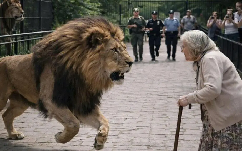 A lion escaped from the zoo and, after noticing an elderly woman in the park, stopped beside her; the snipers already had him in their sights, but at that exact moment, something unexpected happened