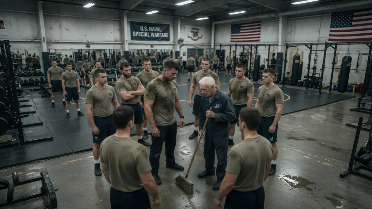 Just a Quiet Veteran Janitor at the SEAL Gym — Until the Commander Spotted the Tattoo on His Neck