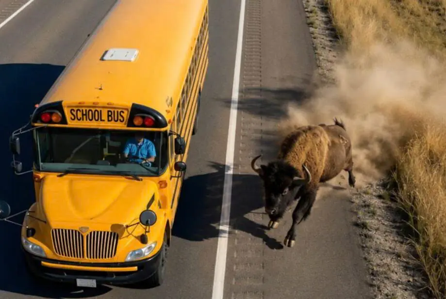 A massive bison attacked a school bus: the driver panicked and tried to escape the chase, convinced the animal was rabid, until a few minutes later something happened that left everyone on the bus frozen in shock