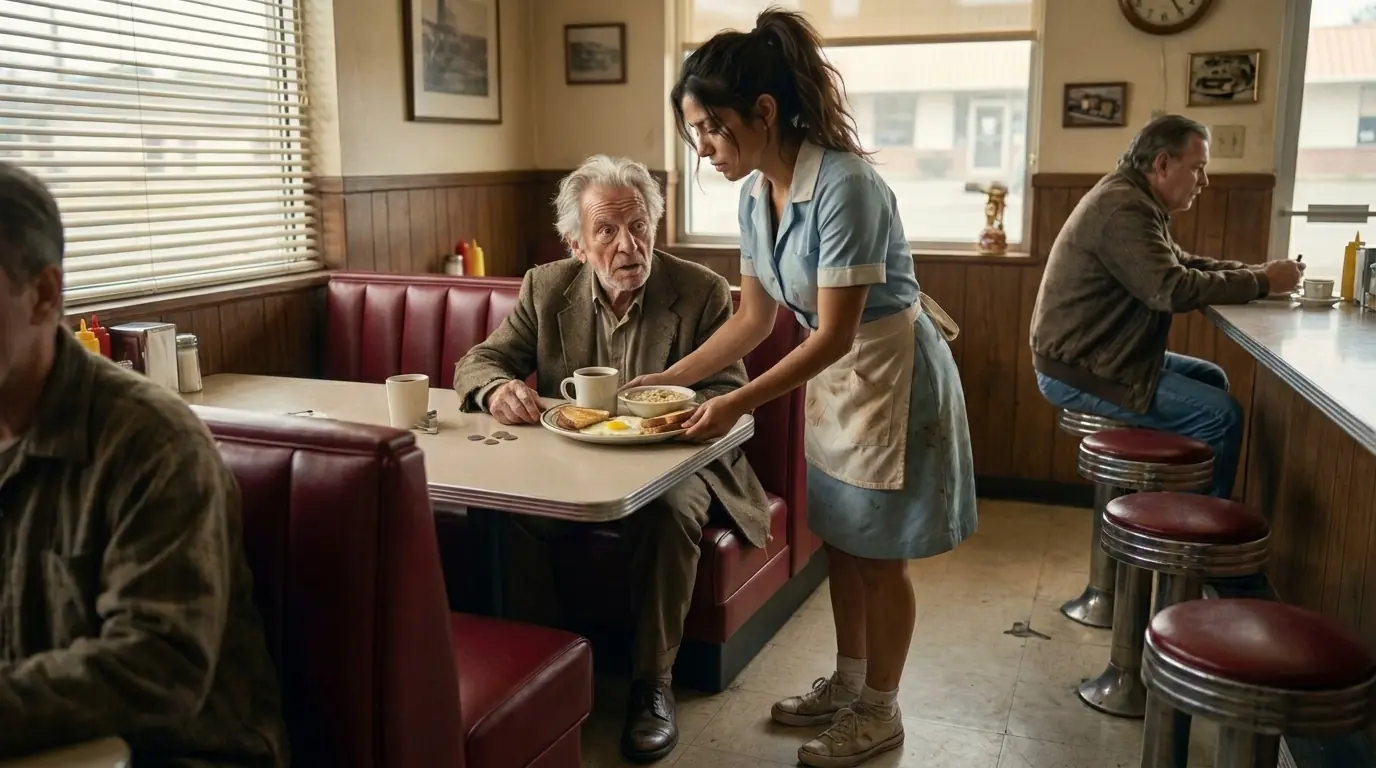 Waitress Quietly Fed an Elderly Man Every Day — One Morning, 10 SUVs Pulled Up to Her Diner