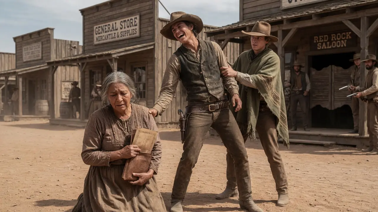 The Outlaws Laughed at the Old Woman's Pleas — They Didn't Notice Who Had Just Arrived in Redrock