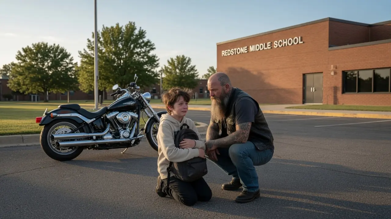The Biker Stopped Outside His Old School — Then A Crying Boy Said Five Words That Broke Him