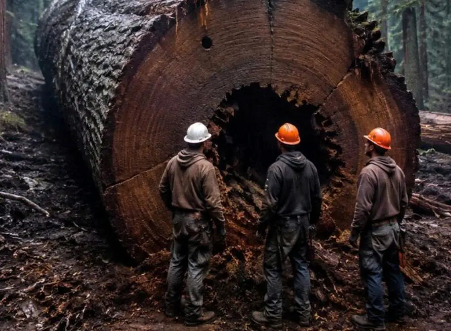 Workers cut down a huge ancient tree and discovered something unusual and terrifying inside its trunk