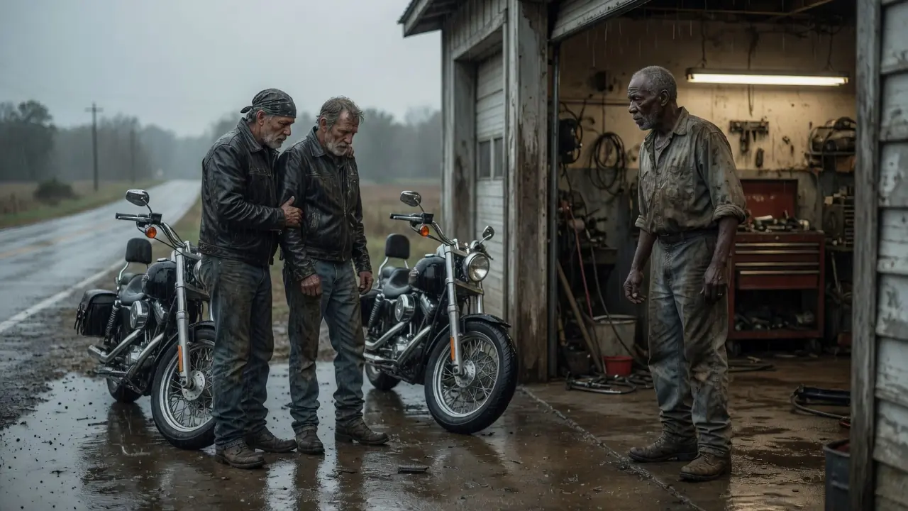 Old Black Mechanic Helped Four Stranded Bikers in the Rain — Five Days Later, His Quiet Shop Was Never the Same
