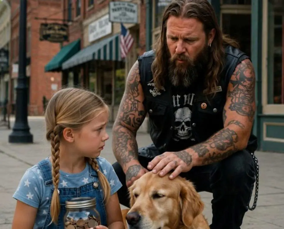 A little girl was sitting on the sidewalk next to an injured golden retriever, collecting money in a glass jar for his treatment, when suddenly a huge biker covered in tattoos walked up to her and did something completely unexpected