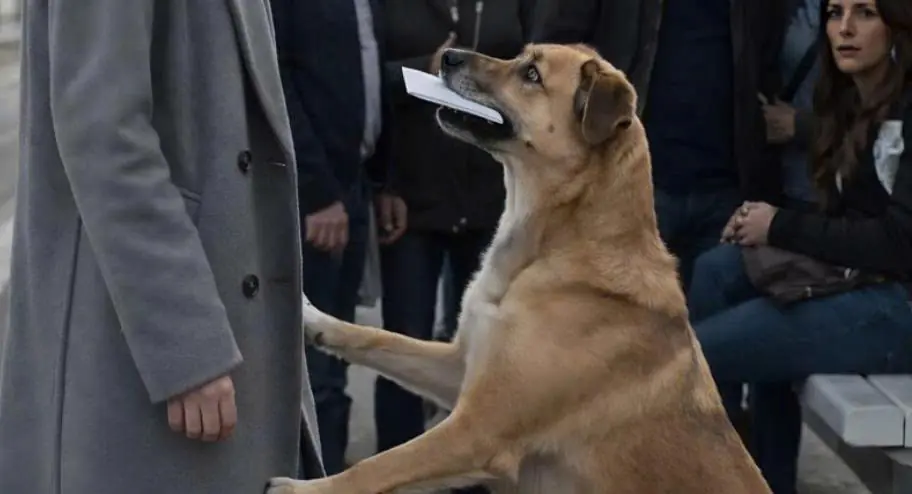 At the stop, a stray dog jumped onto a young woman and handed her a white envelope it had been carrying in its mouth: when she opened it, she was completely shocked by what was inside