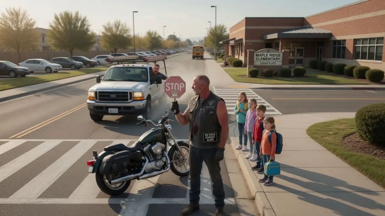 The Biker Guarded The School Crossing Every Afternoon — Until One Mother Touched The Stain On His Vest