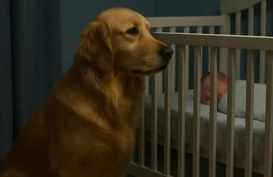 The new parents noticed their dog sitting motionless beside the baby’s crib every night, so they decided to install a camera.