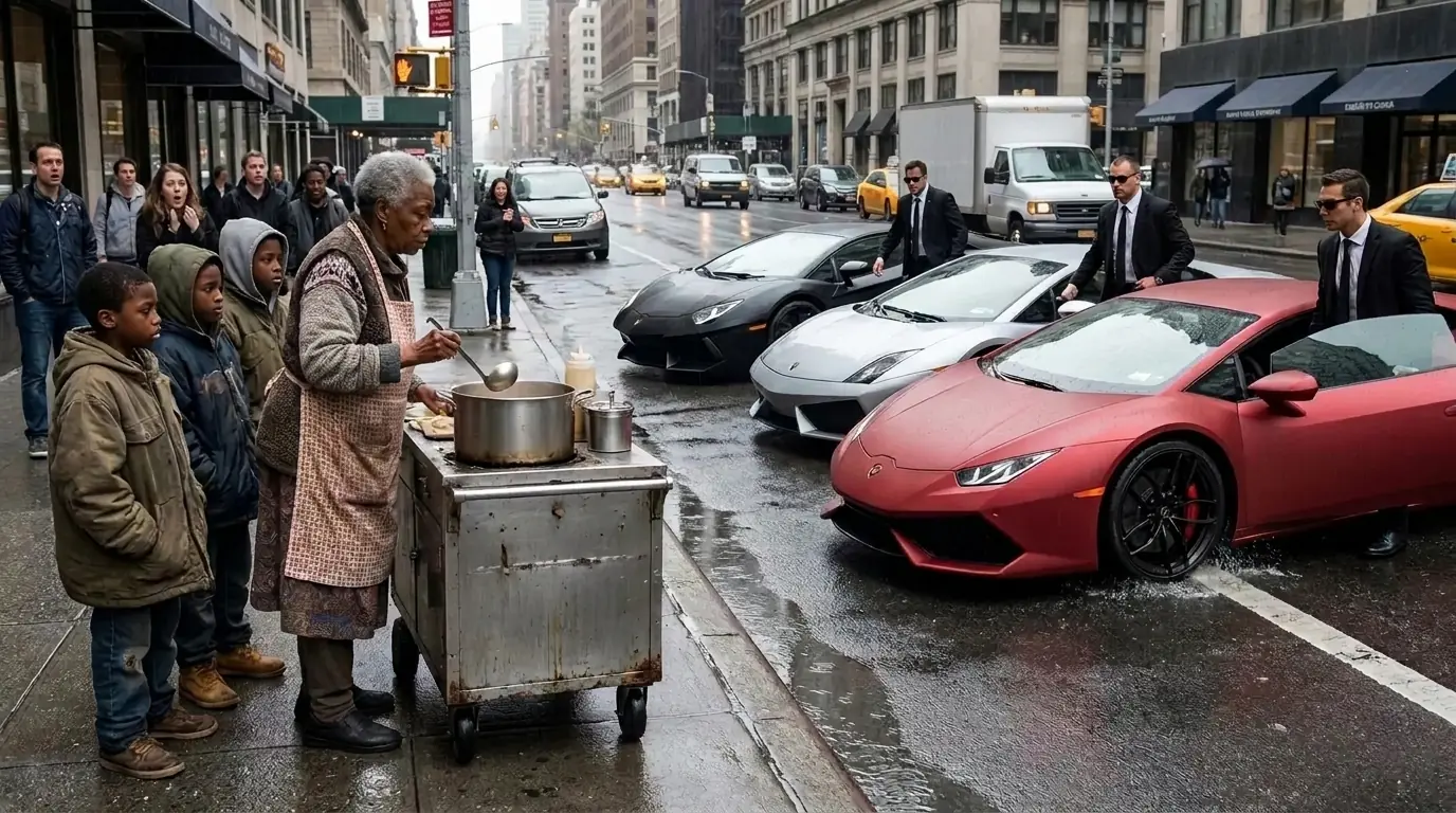 Poor Elderly Woman Fed Homeless Triplets — Many Years Later, Three Lamborghinis Stopped at Her Cart
