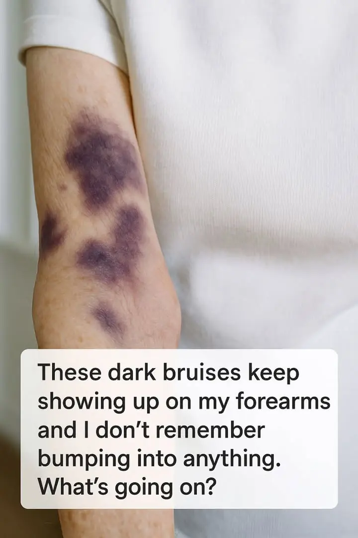 These dark bruises keep showing up on my forearms and I don’t remember bumping into anything. What’s going on?