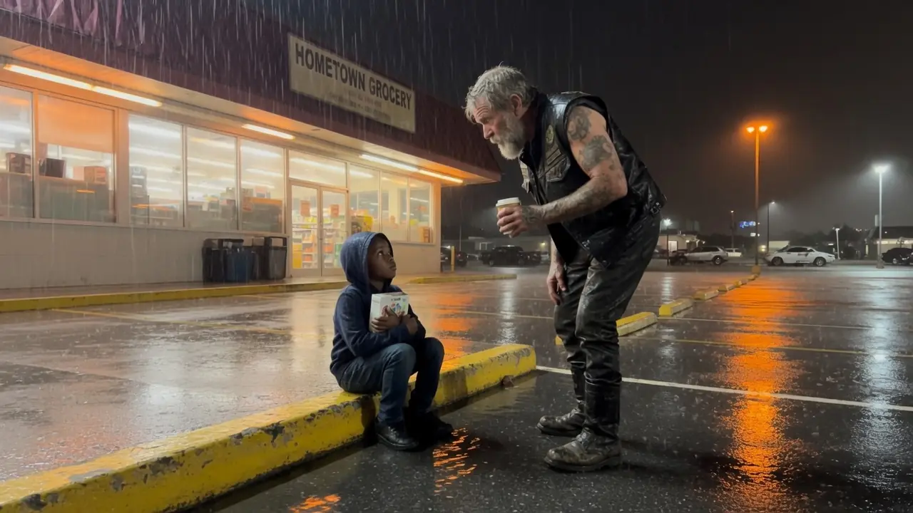 A Lonely Boy Left Waiting in the Dark Outside the Supermarket — Then the Lone Rider Chose to Stay