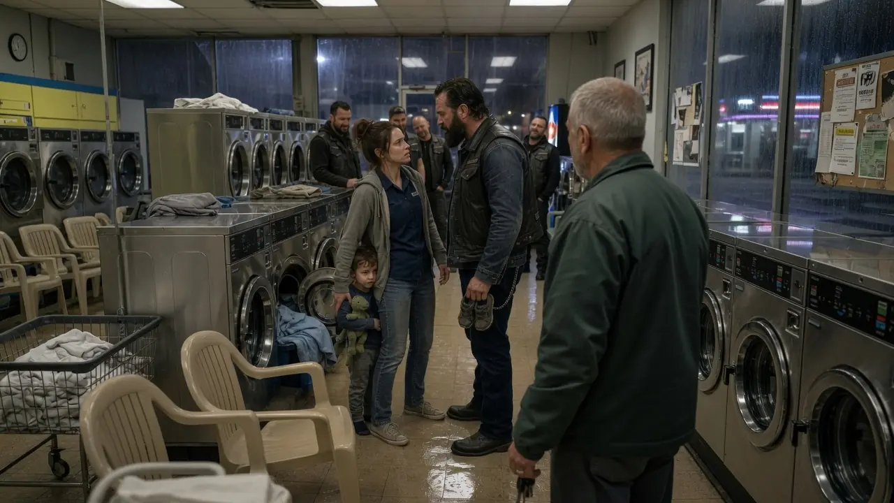 Bikers Cornered a Young Mother at the Laundromat — Then the Quiet Janitor Locked the Front Door