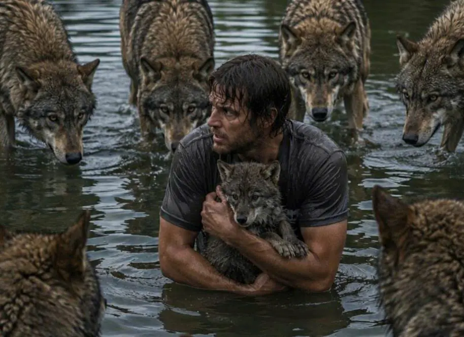 A man rescued a drowning wolf cub from a deep lake, but just a few seconds later, he was surrounded on all sides by a pack of wolves. He was sure he would not make it out alive, until something happened that no one expected…