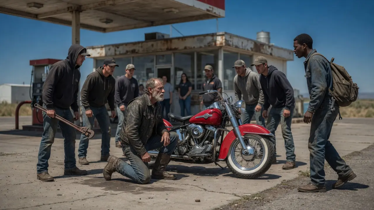 Six Bullies Picked the Wrong Old Biker to Humiliate — Because a Quiet Black Mechanic Was Watching