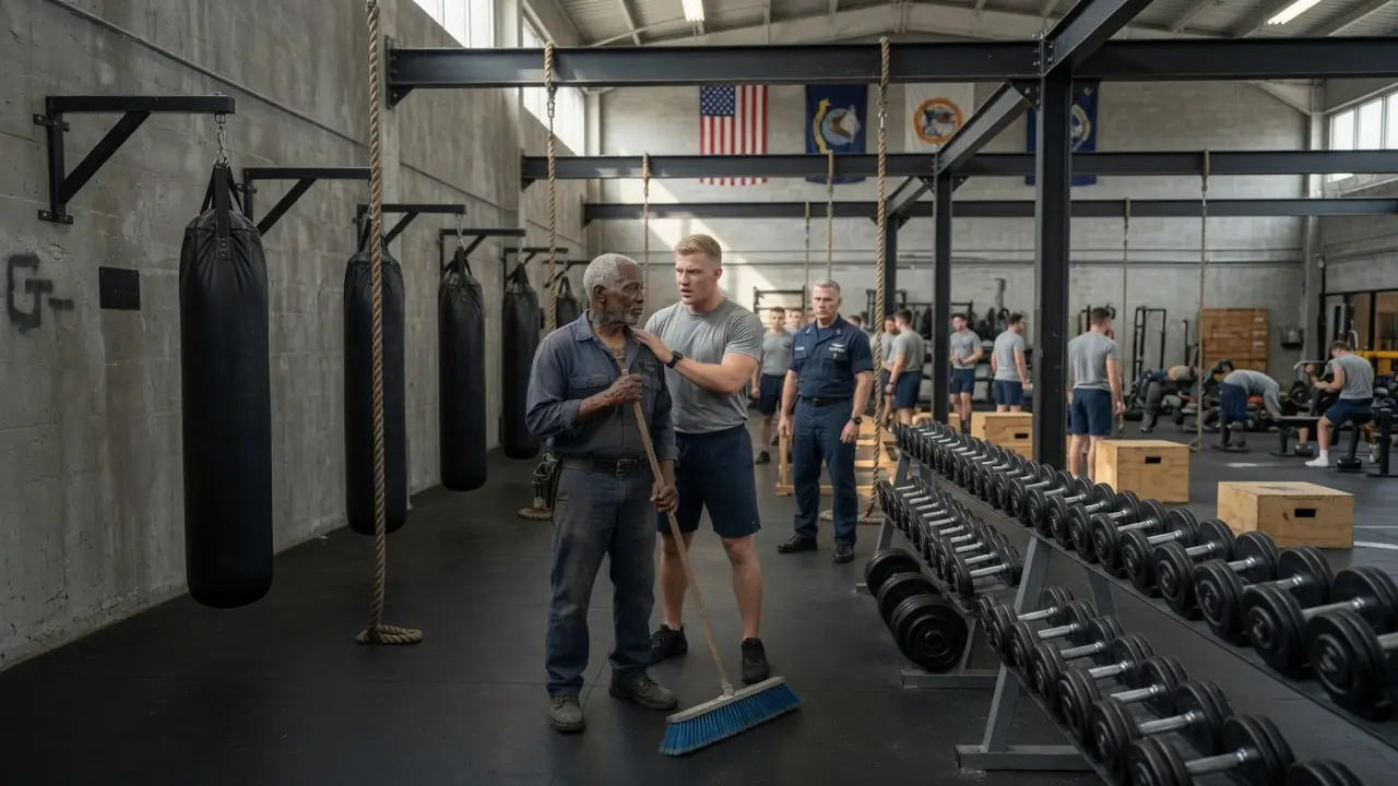 Young SEALs Mocked the Quiet Old Janitor Sweeping Their Gym — Then the Commander Saw the Tattoo on His Neck