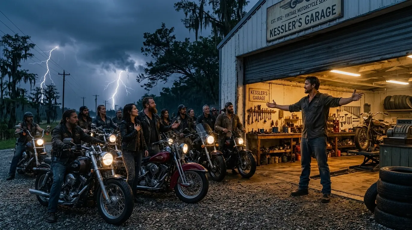 Single Dad Mechanic Helps 12 Stranded Bikers in Rain — What Rolls Into His Shop Brings Him to Tears