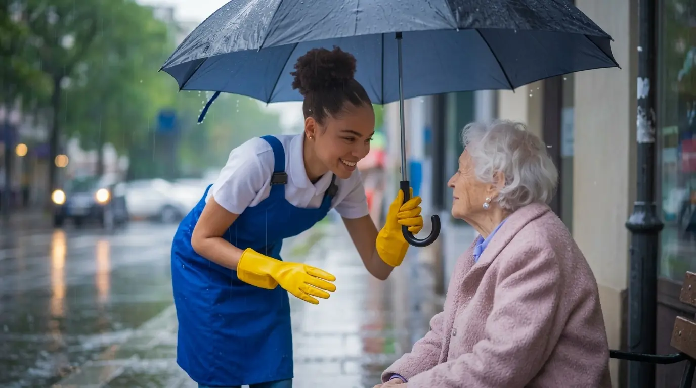 Poor Cleaner Helped An Old Woman in the Rain — Unaware She Would Change Her Life