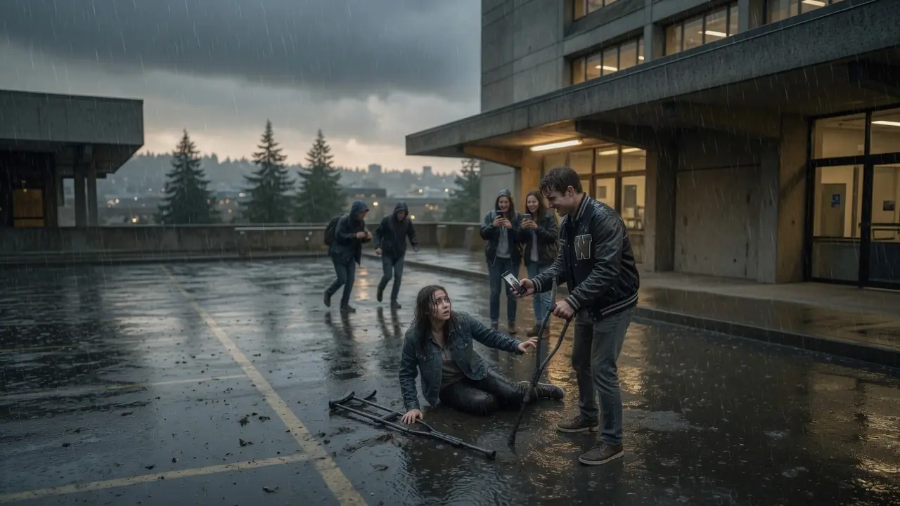They Broke Her Crutches In The Rain — Then A Motorcycle Stopped Behind Them