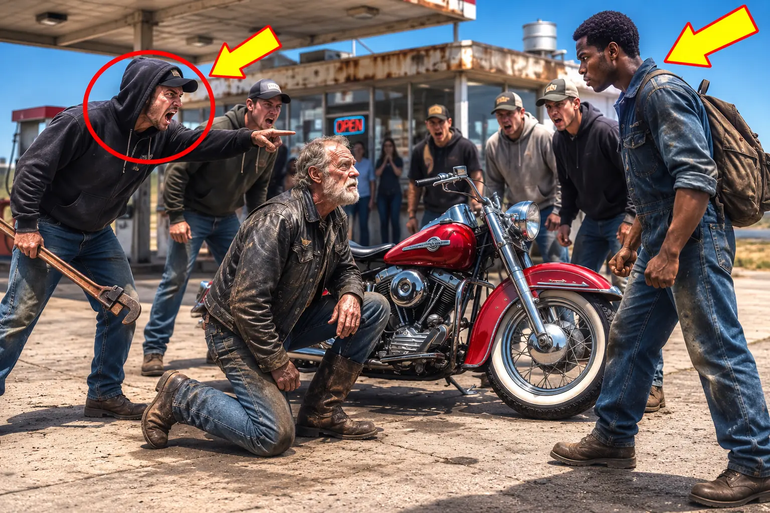 Six Bikers Cornered an Old Man at a Gas Station — Then a Young Black Mechanic Walked Over