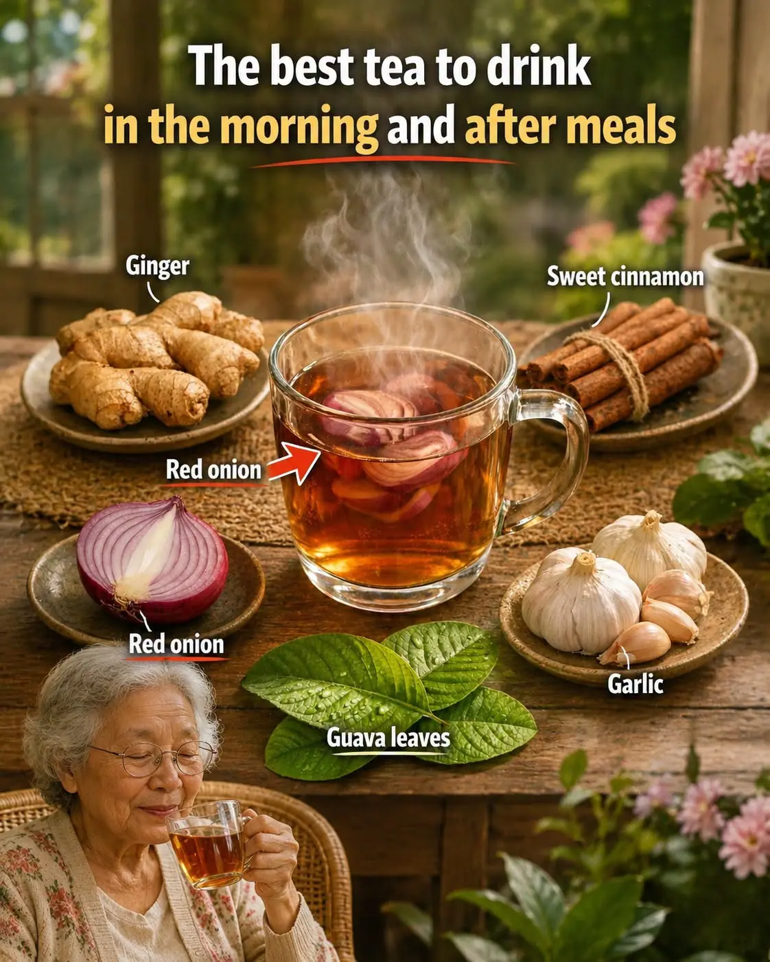 The Best Herbal Tea Recipe for Mornings and After Dinner: Ginger, Turmeric, Onion, Garlic, Cinnamon & Guava Leaves