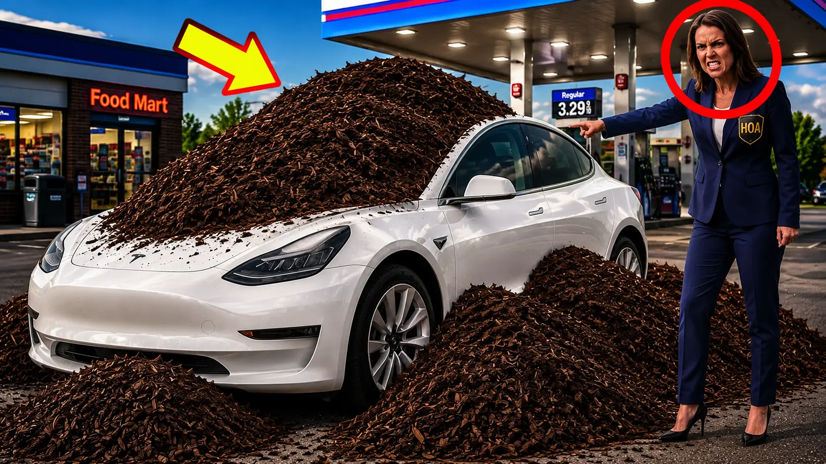 An HOA Karen Parked Her Tesla on My Lawn Every Day — So I Buried It Under Tons of Mulch