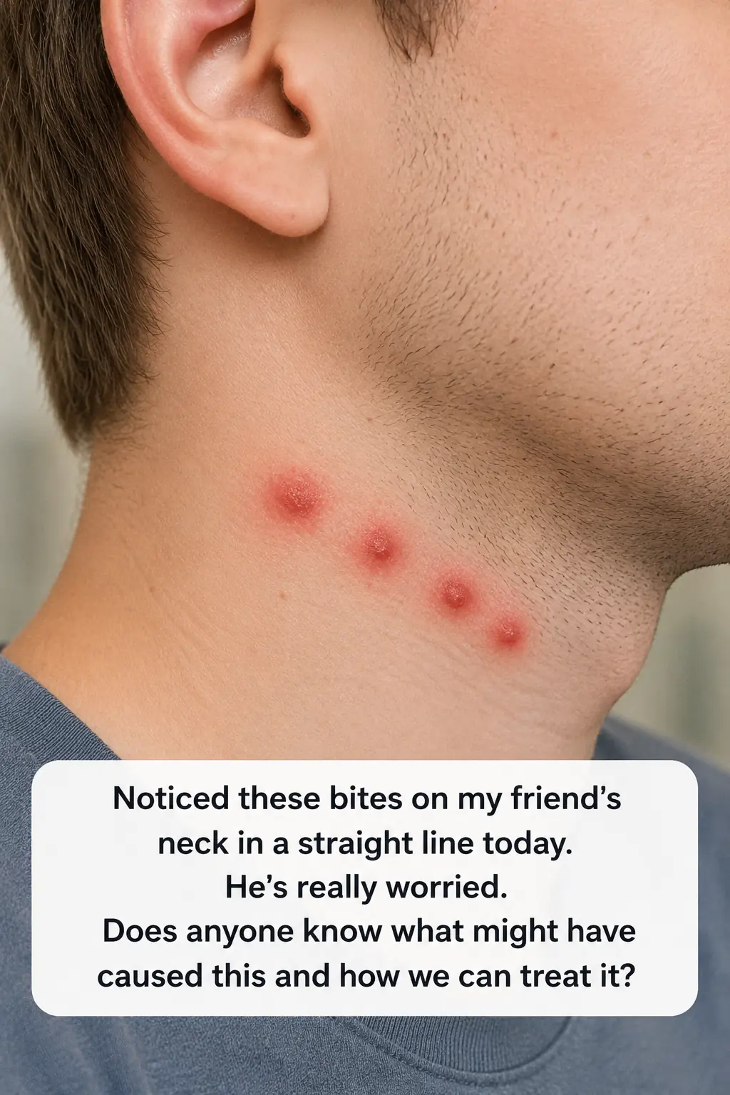 Found these red bites in a straight line on my brother's neck this morning. He's freaking out. Does anyone know what bit him so we can treat it?