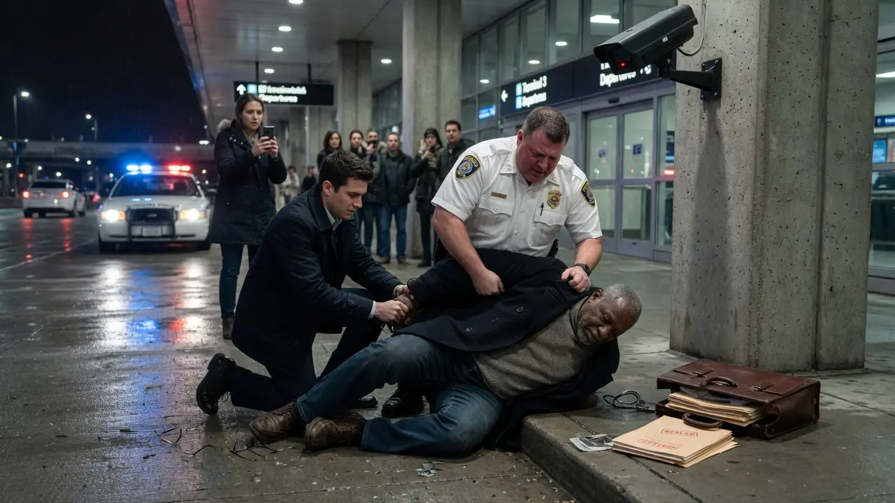 THEY PINNED AN OLD MAN TO THE AIRPORT PAVEMENT — THEN THE CAMERA ABOVE THEM BLINKED