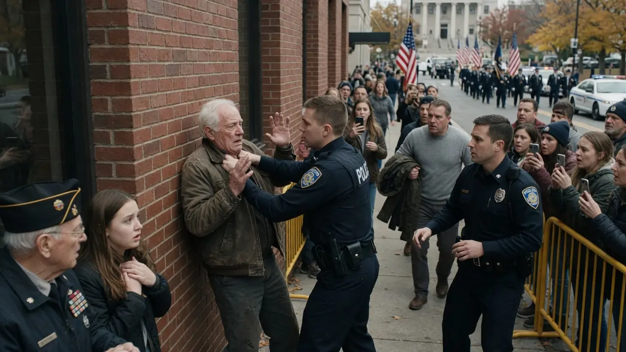 THE OFFICER CHOKED AN ELDERLY VETERAN — THEN A VOICE ROSE FROM THE CROWD