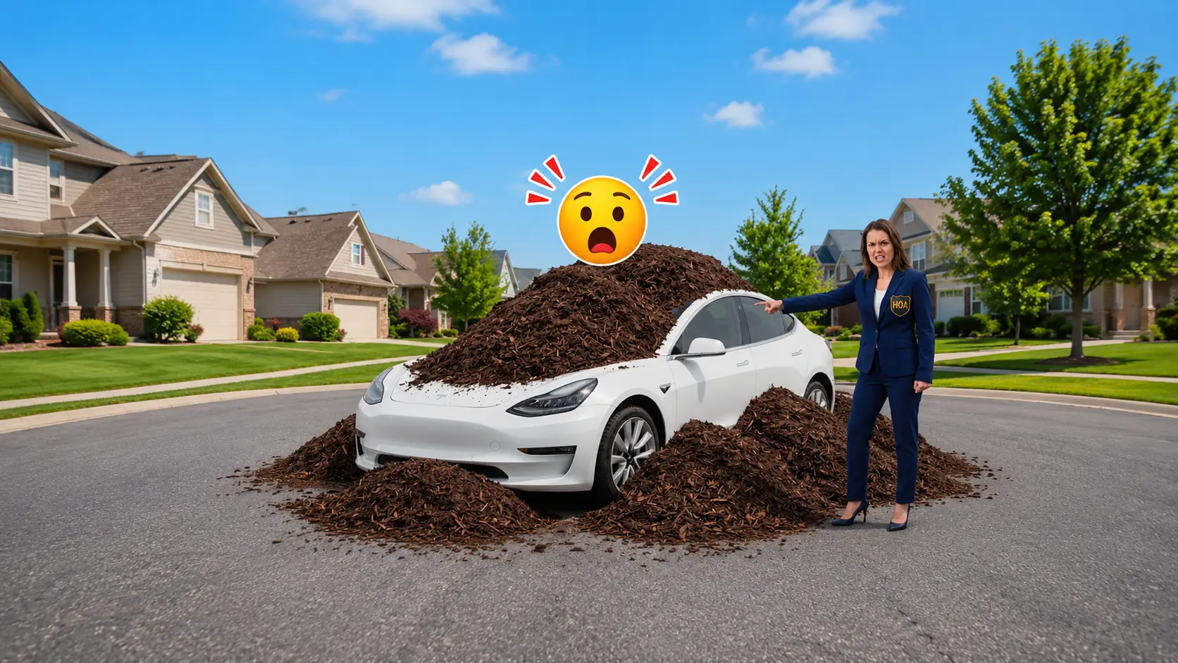 An HOA Karen Kept Parking Her Tesla on My Lawn — So I Buried It Under Tons of Mulch