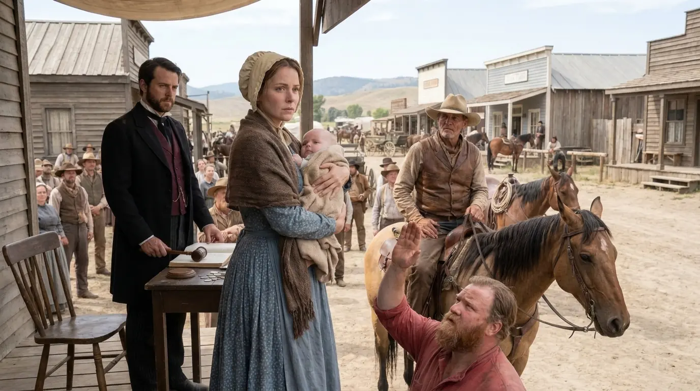 They Were Auctioning Off a Widow and Her Baby — The Cowboy Rode Up Late and Said “I’ll Take Them”