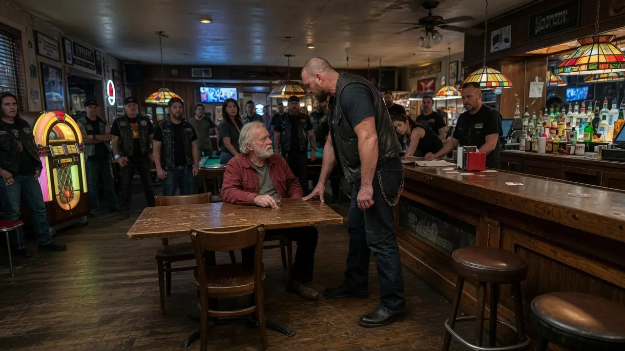 "This Is My Spot" Barked the Biggest Biker in the Bar — Everyone Froze When the Old Vet Stood