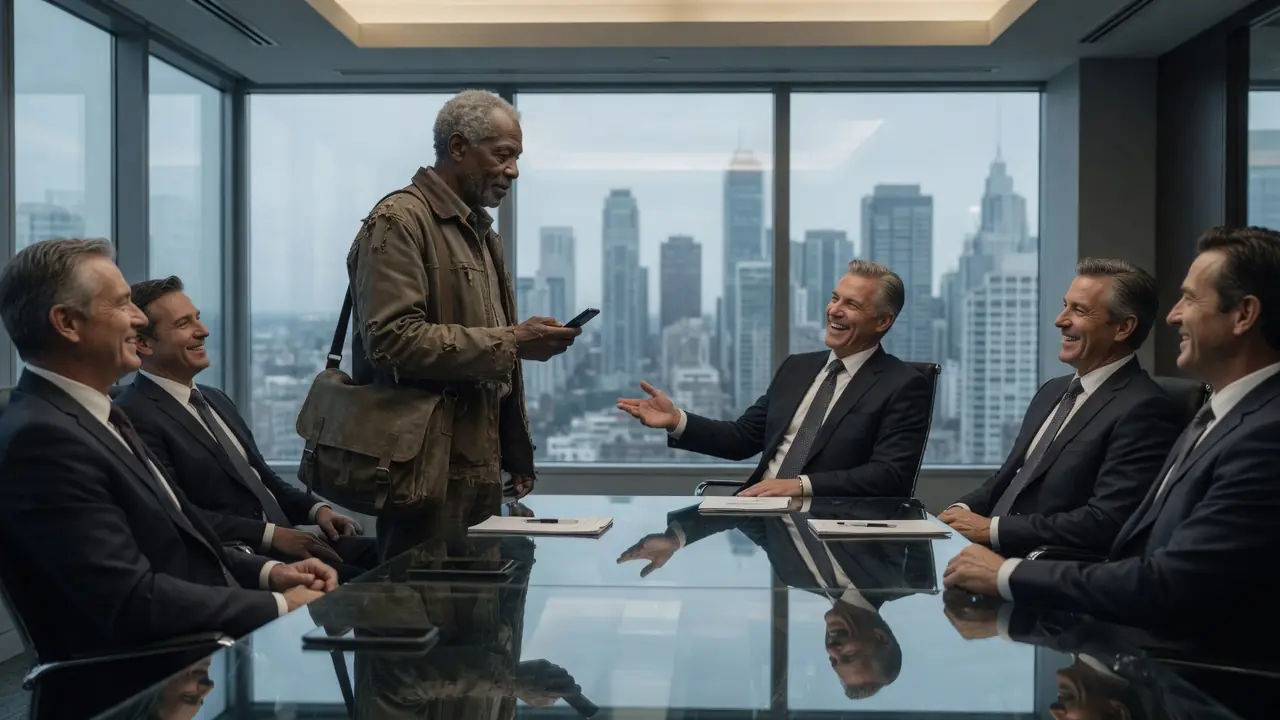 A BILLIONAIRE LAUGHED AT A HOMELESS OLD MAN IN HIS BOARDROOM — THEN THE PHONE RANG