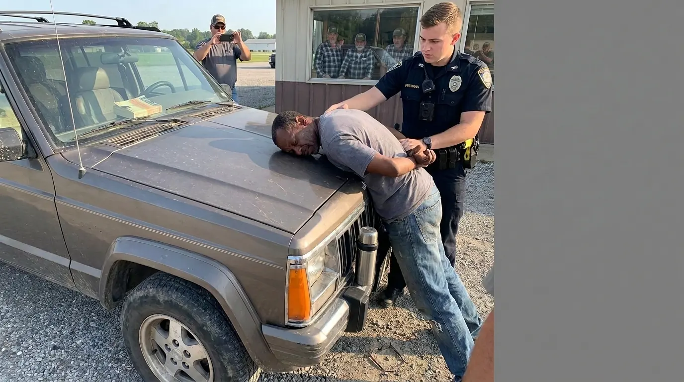 The officer pinned him against his father’s Jeep — then twelve strangers walked out of the diner