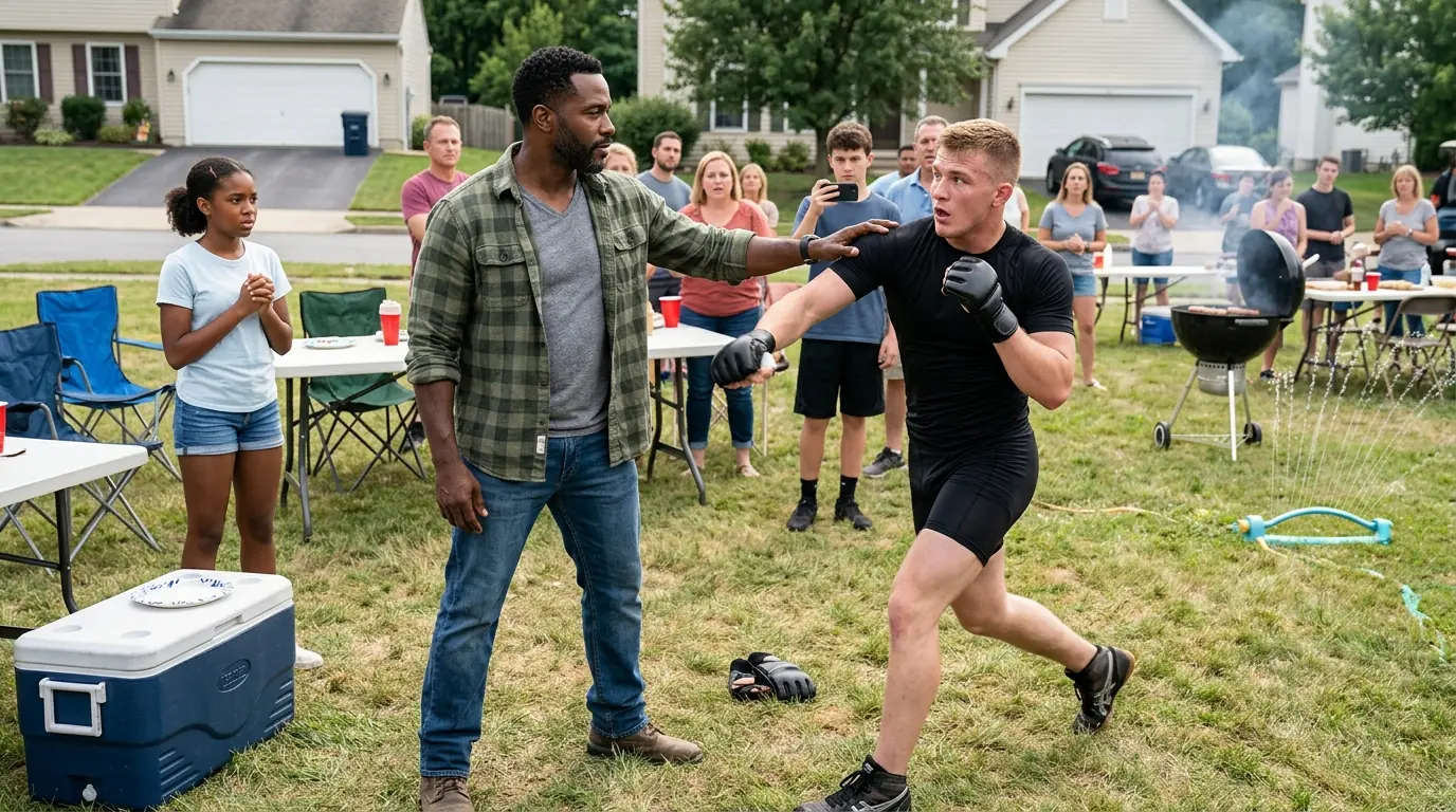A Cocky Martial Artist Challenged a Quiet Single Father Before the Entire Neighborhood — Then the Man Took Off His Flannel and Said, “Stay Down When You’re Finished.”