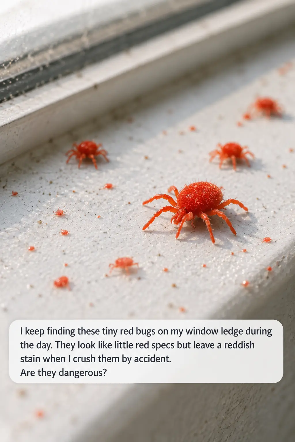 Noticed these tiny red specks crawling all over my sunny windowsill. They look like moving red dust, but they leave a blood-like smear if I accidentally squish one. Should I be worried?