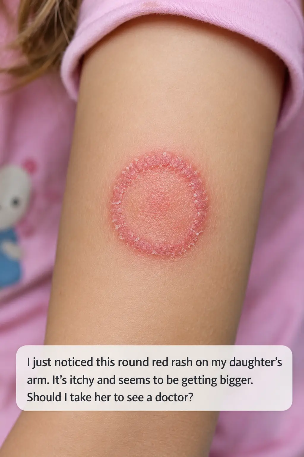 woke up to this red circle on my daughter's arm. it's spreading fast and she's crying from the itch. any advice?