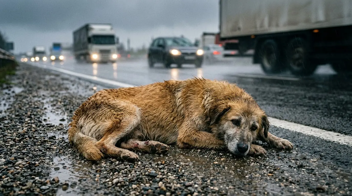 Emergency Dog Rescue: Veterinary Team Saves an Abandoned Stray Dog Hit by a Vehicle Beside a Busy Highway
