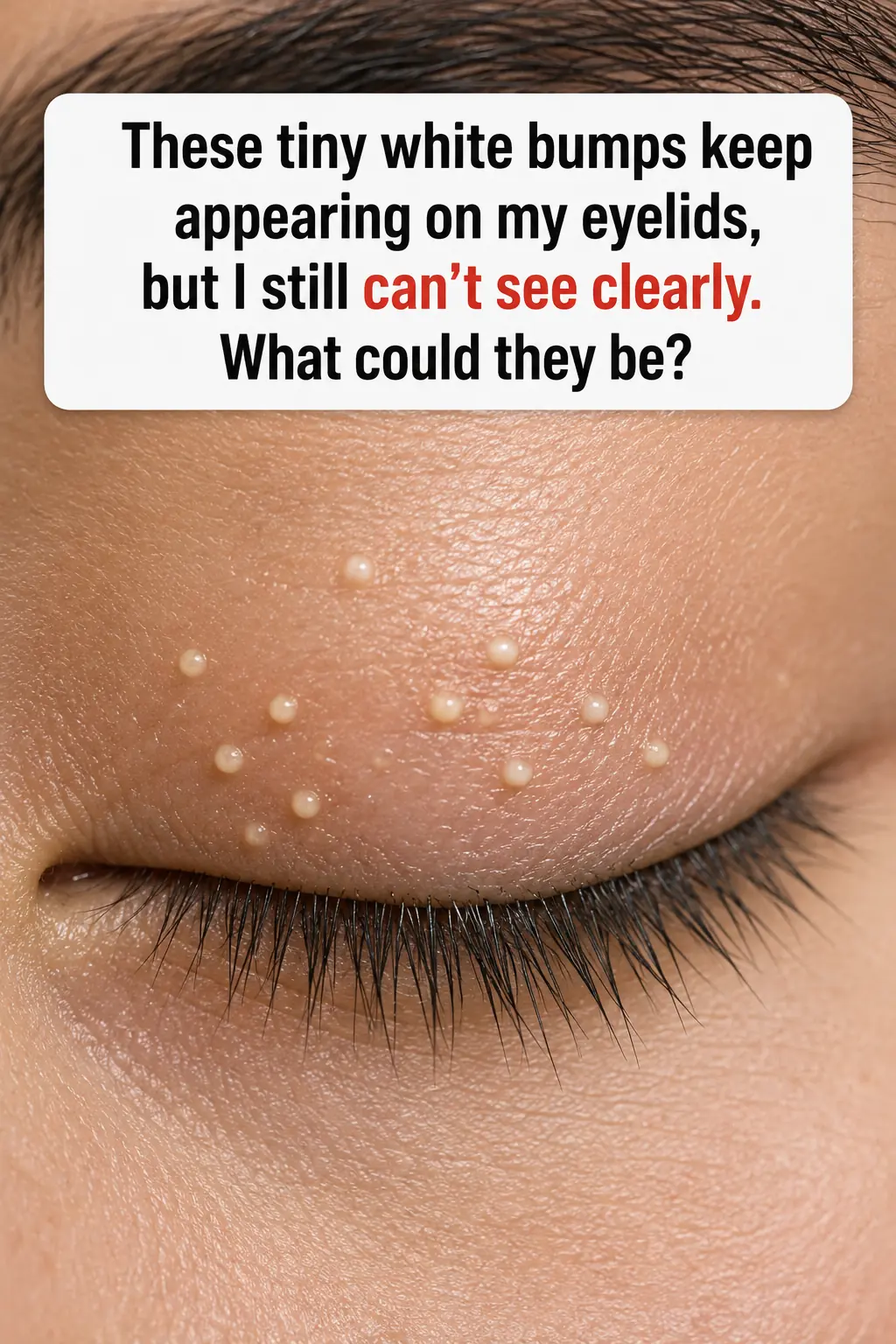 Tiny white bumps keep showing up on my eyelids, and I can’t get in to be seen yet. What are these?